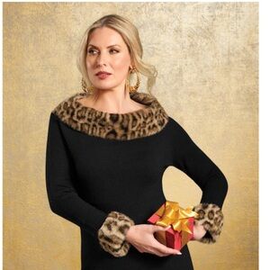 INC International Concepts Black Sweater with Leopard Faux-Fur Trim 🐾